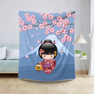 Sakura Kokeshi Doll - Cute Japanese Geisha Girl Sherpa Blanket