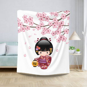 Sakura Kokeshi Doll - Cute Japanese Geisha Girl Sherpa Blanket