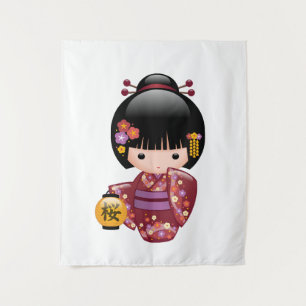 Sakura Kokeshi Doll - Cute Japanese Geisha Girl Tapestry