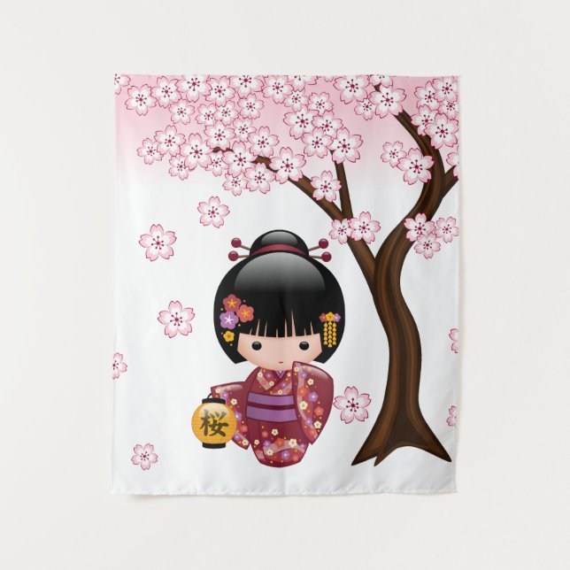 Sakura Kokeshi Doll - Cute Japanese Geisha Girl Tapestry (Front)