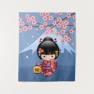 Sakura Kokeshi Doll - Cute Japanese Geisha Girl Tapestry
