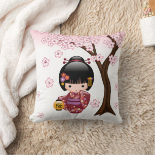 Sakura Kokeshi Doll - Cute Japanese Geisha Girl Throw Pillow