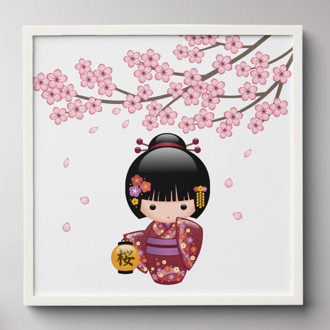 Sakura Kokeshi Doll Geisha Girl Cherry Blossom Peel And Stick Photo Tile (Front Set)