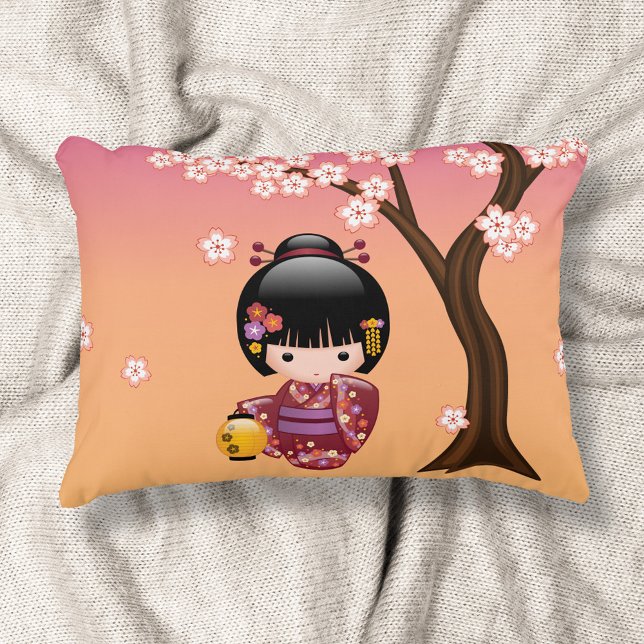 Sakura Kokeshi Doll - Geisha Girl on Peach Accent Pillow (Creator Uploaded)