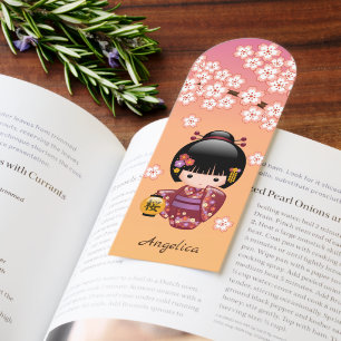 Sakura Kokeshi Doll Geisha Girl on Peach Bookmarks