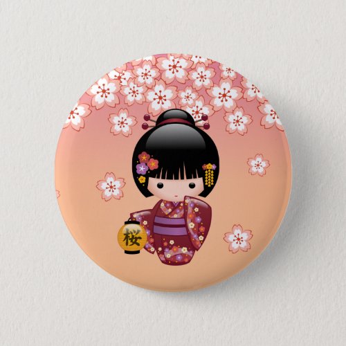 Sakura Kokeshi Doll _ Geisha Girl on Peach Button