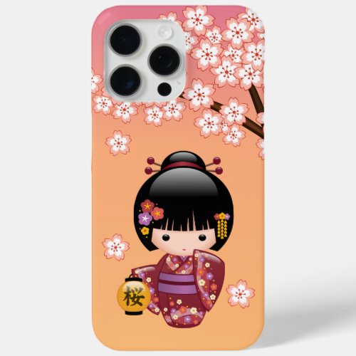 Sakura Kokeshi Doll _ Geisha Girl on Peach iPhone 15 Pro Max Case