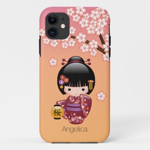 Sakura Kokeshi Doll _ Geisha Girl on Peach iPhone 11 Case