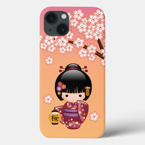 Sakura Kokeshi Doll _ Geisha Girl on Peach iPhone 13 Case