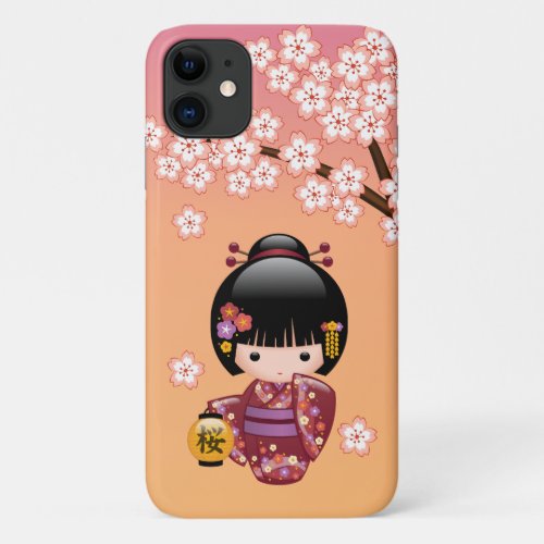 Sakura Kokeshi Doll _ Geisha Girl on Peach iPhone 11 Case