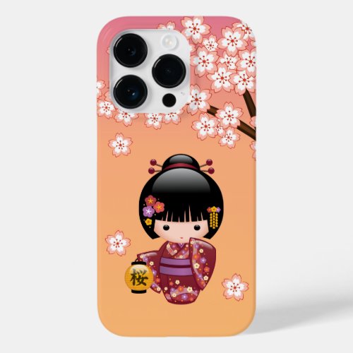 Sakura Kokeshi Doll _ Geisha Girl on Peach Case_Mate iPhone 14 Pro Case