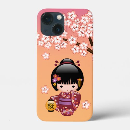 Sakura Kokeshi Doll _ Geisha Girl on Peach iPhone 13 Mini Case