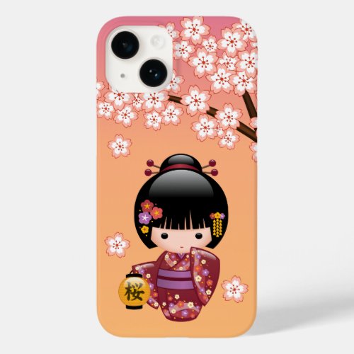 Sakura Kokeshi Doll _ Geisha Girl on Peach Case_Mate iPhone 14 Case