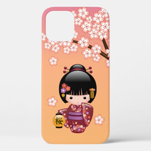 Sakura Kokeshi Doll _ Geisha Girl on Peach iPhone 12 Case