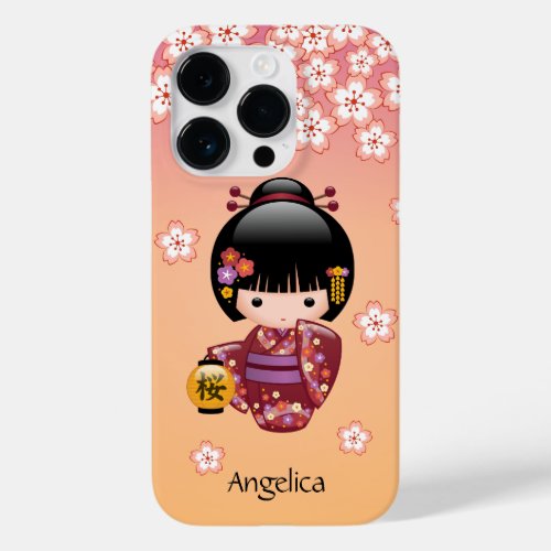 Sakura Kokeshi Doll _ Geisha Girl on Peach Case_Mate iPhone 14 Pro Case