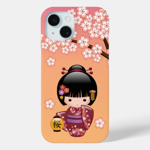Sakura Kokeshi Doll _ Geisha Girl on Peach iPhone 15 Case