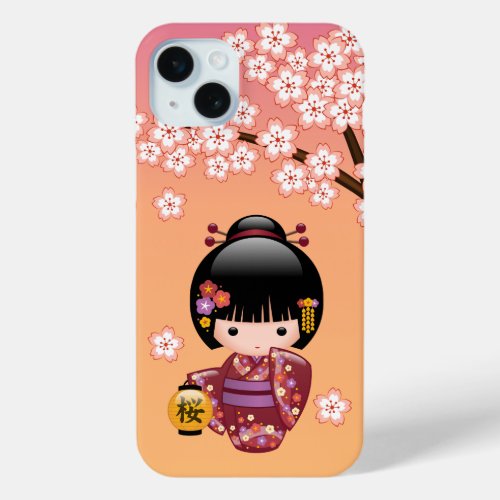 Sakura Kokeshi Doll _ Geisha Girl on Peach iPhone 15 Plus Case