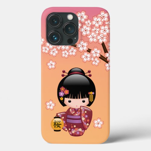 Sakura Kokeshi Doll _ Geisha Girl on Peach iPhone 13 Pro Case