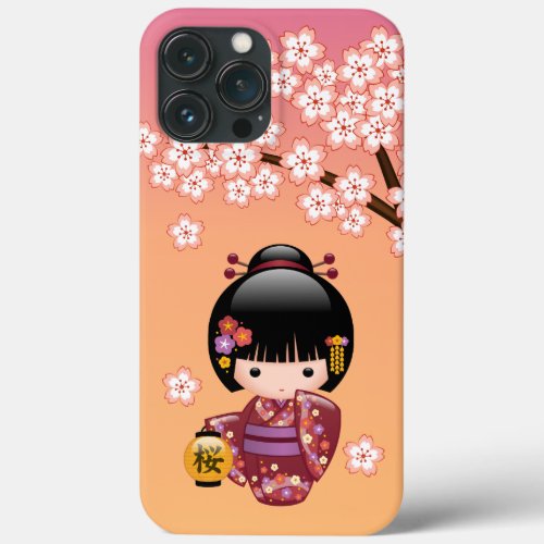 Sakura Kokeshi Doll _ Geisha Girl on Peach iPhone 13 Pro Max Case