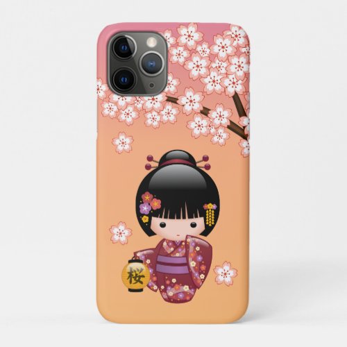 Sakura Kokeshi Doll _ Geisha Girl on Peach iPhone 11 Pro Case