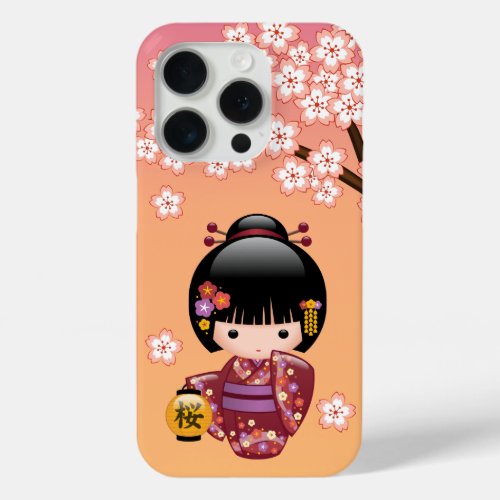 Sakura Kokeshi Doll _ Geisha Girl on Peach iPhone 15 Pro Case
