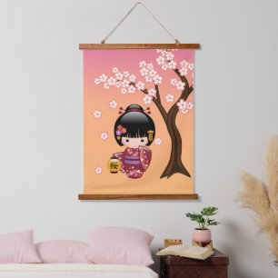 Sakura Kokeshi Doll - Geisha Girl on Peach Hanging Tapestry