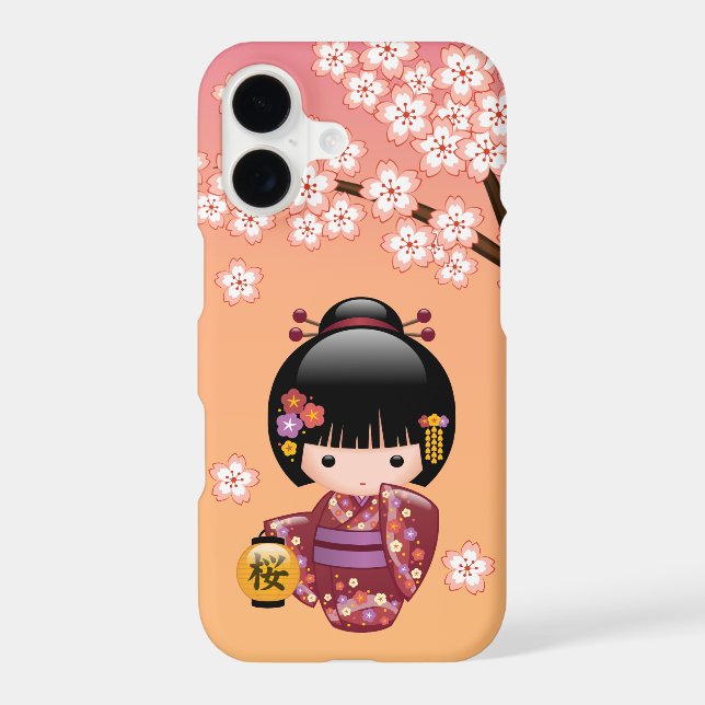 Sakura Kokeshi Doll - Geisha Girl on Peach iPhone Case (Back)