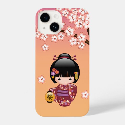Sakura Kokeshi Doll _ Geisha Girl on Peach iPhone 14 Case