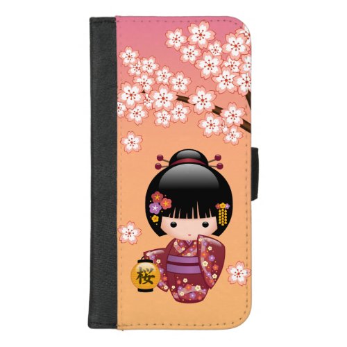 Sakura Kokeshi Doll _ Geisha Girl on Peach iPhone 87 Plus Wallet Case