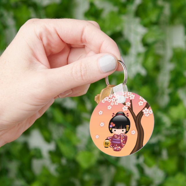 Sakura Kokeshi Doll - Geisha Girl on Peach Keychain (Hand)