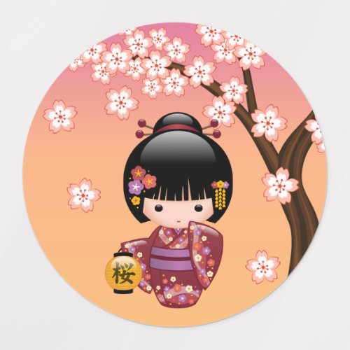 Sakura Kokeshi Doll _ Geisha Girl on Peach Kids Labels