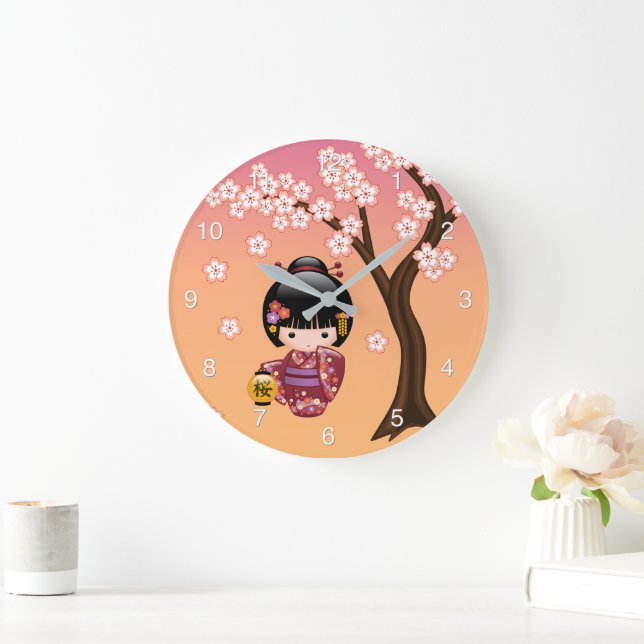 Sakura Kokeshi Doll - Geisha Girl on Peach Large Clock (Home)