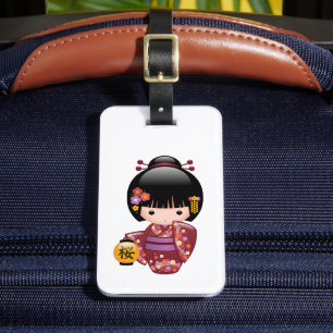 Sakura Kokeshi Doll - Geisha Girl on Peach Luggage Tag