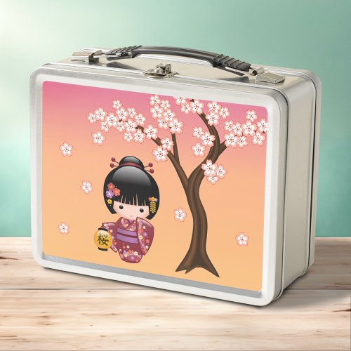 Sakura Kokeshi Doll _ Geisha Girl on Peach Metal Lunch Box