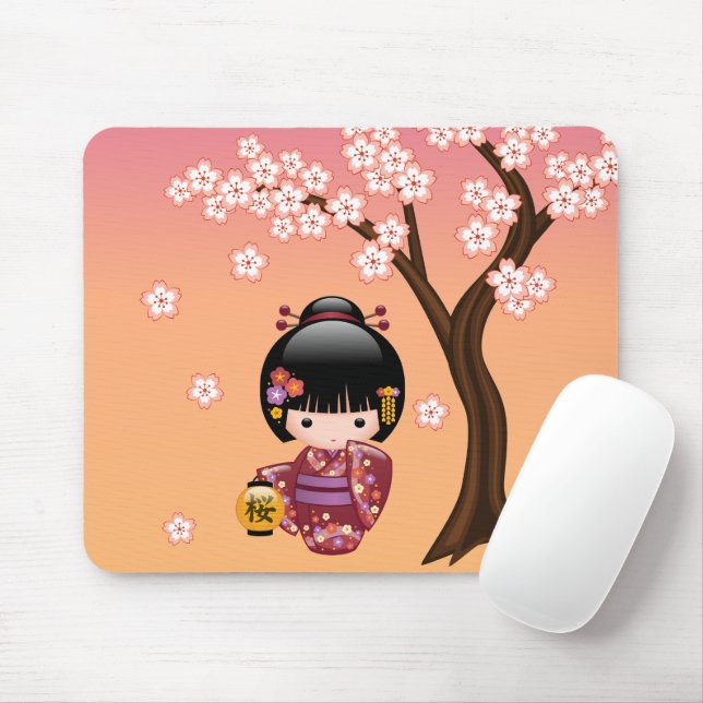 Sakura Kokeshi Doll - Geisha Girl on Peach Mouse Pad (With Mouse)