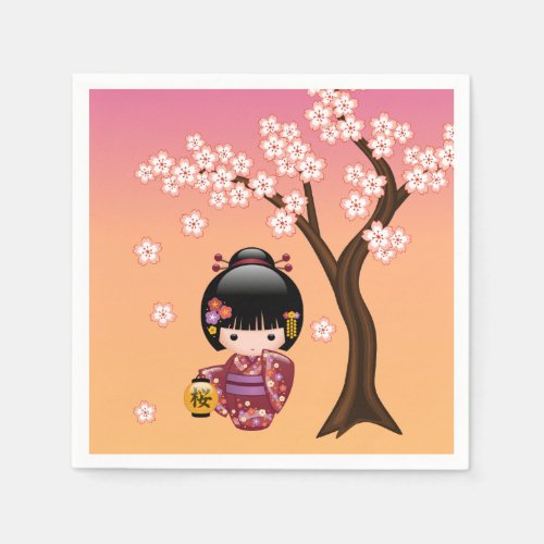 Sakura Kokeshi Doll _ Geisha Girl on Peach Napkins