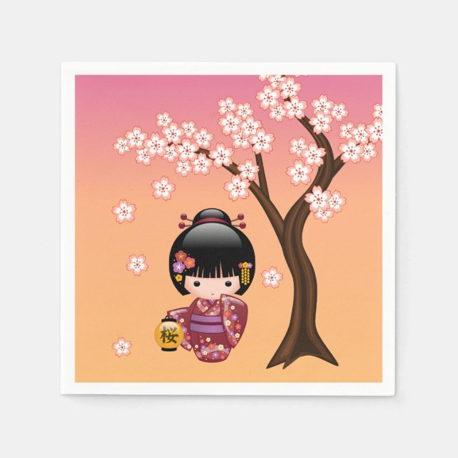 Sakura Kokeshi Doll - Geisha Girl on Peach Napkins (Front)