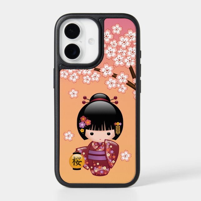 Sakura Kokeshi Doll - Geisha Girl on Peach Otterbox iPhone Case (Back)