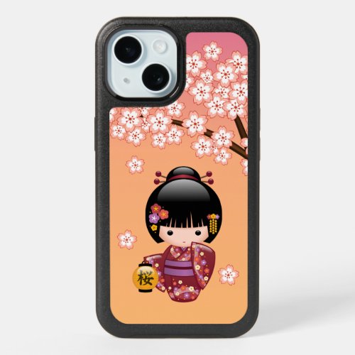 Sakura Kokeshi Doll _ Geisha Girl on Peach iPhone 15 Case