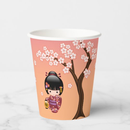 Sakura Kokeshi Doll _ Geisha Girl on Peach Paper Cups