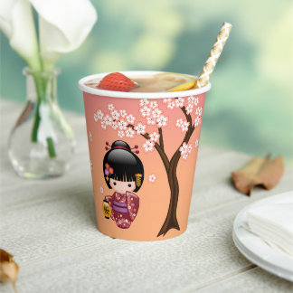 Sakura Kokeshi Doll - Geisha Girl on Peach Paper Cups