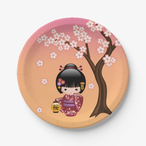 Sakura Kokeshi Doll _ Geisha Girl on Peach Paper Plates