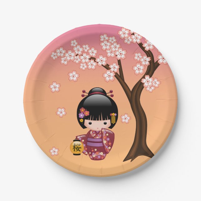 Sakura Kokeshi Doll - Geisha Girl on Peach Paper Plates (Front)