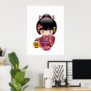 Sakura Kokeshi Doll - Geisha Girl on Peach Poster