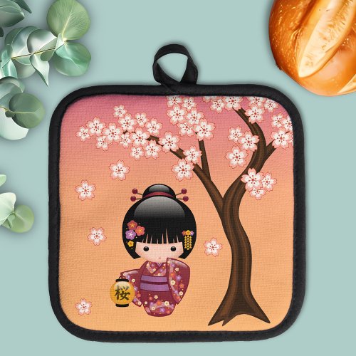 Sakura Kokeshi Doll _ Geisha Girl on Peach Pot Holder