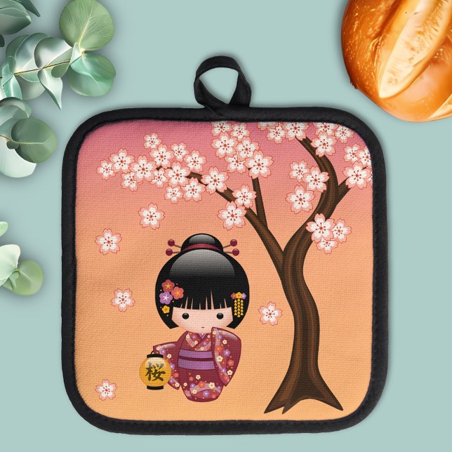 Sakura Kokeshi Doll - Geisha Girl on Peach Pot Holder (Creator Uploaded)
