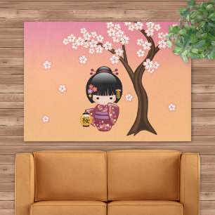 Sakura Kokeshi Doll - Geisha Girl on Peach Rug