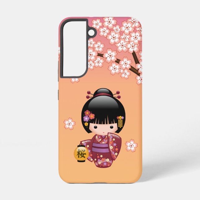 Sakura Kokeshi Doll - Geisha Girl on Peach Samsung Galaxy Case (Back)