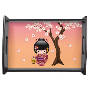 Sakura Kokeshi Doll - Geisha Girl on Peach Serving Tray