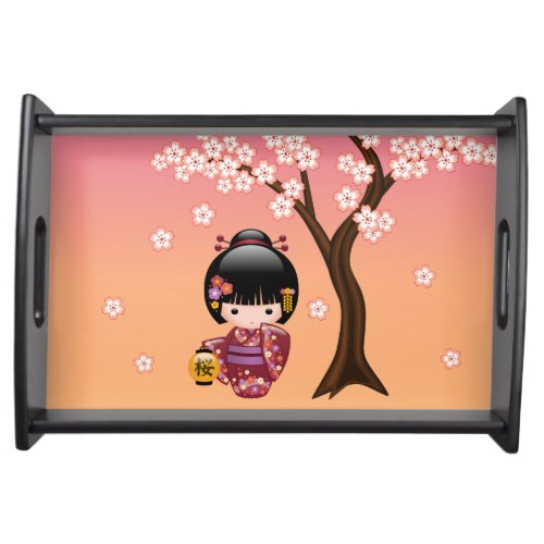 Sakura Kokeshi Doll _ Geisha Girl on Peach Serving Tray